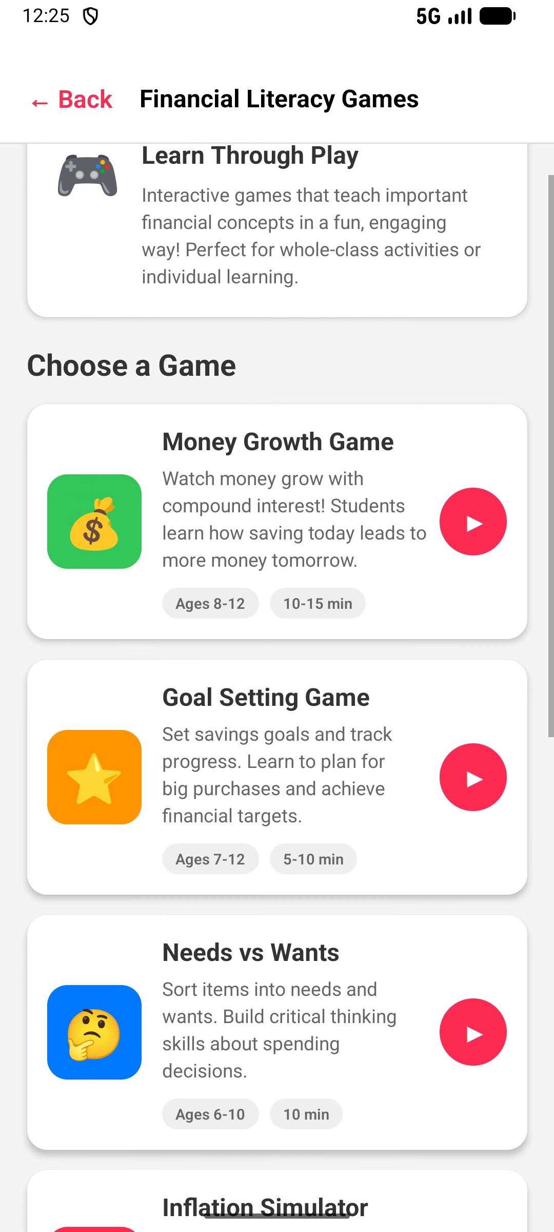 Financial Literacy Games Menu